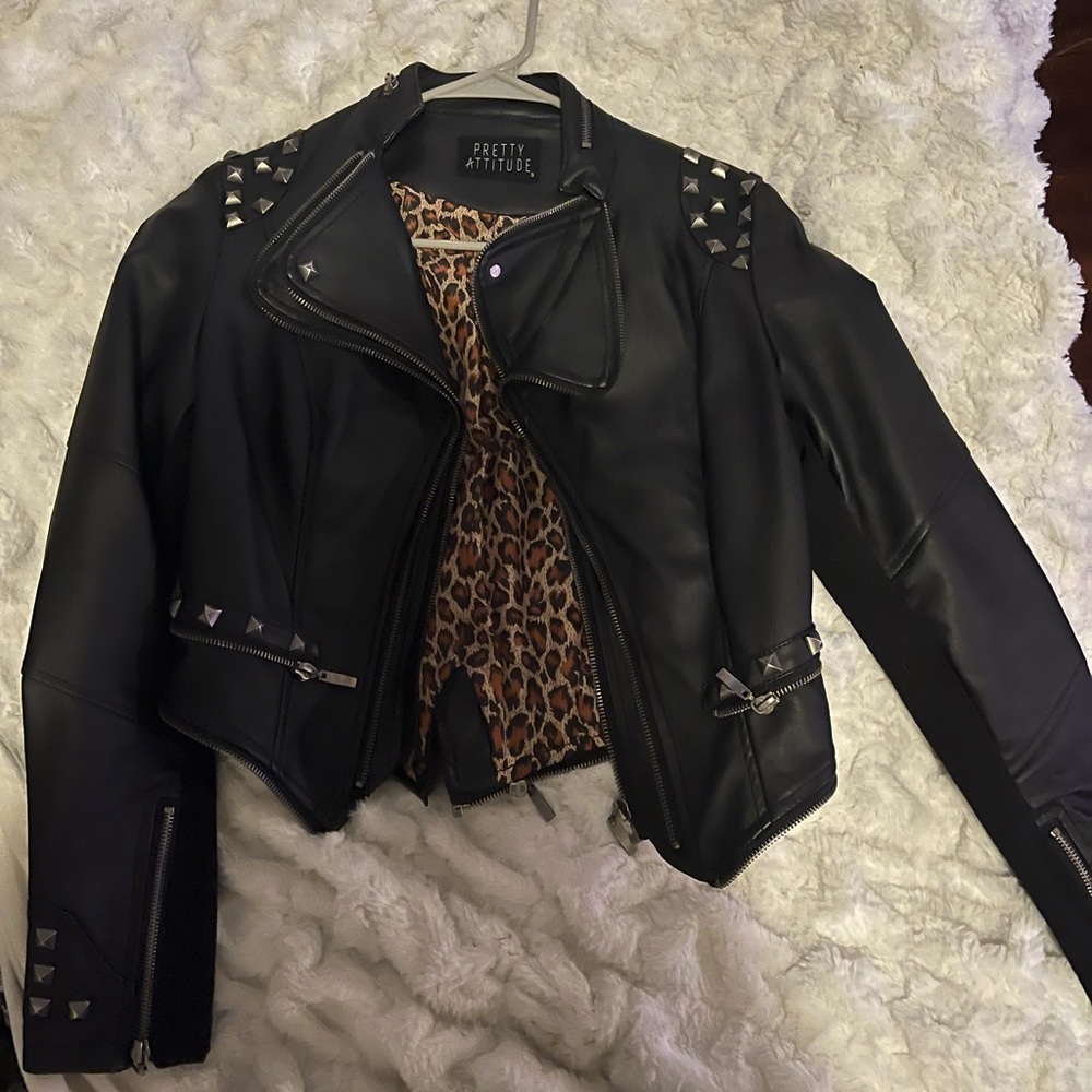 Small cropped studded leather jacket